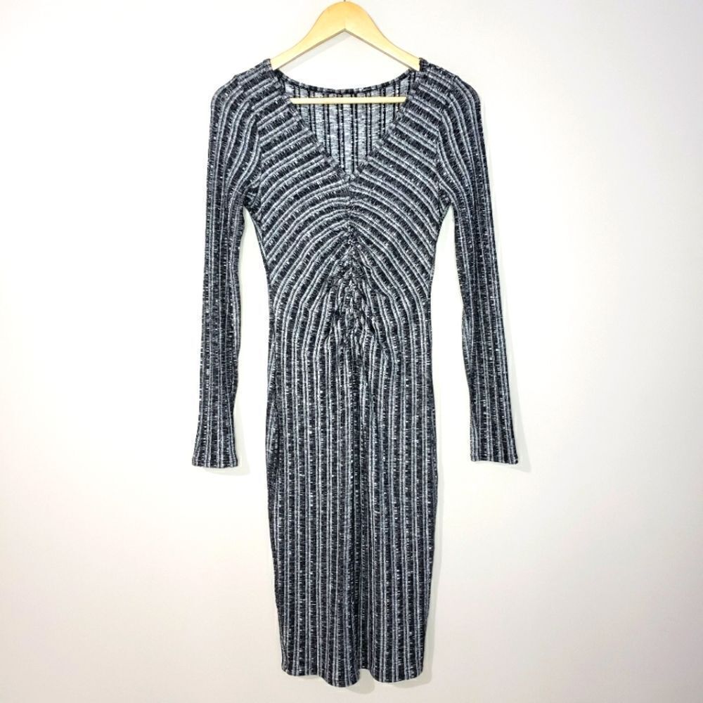 Three Dots Small Grey Ribbed Long Sleeve V-neck Ruched Bodycon Dress